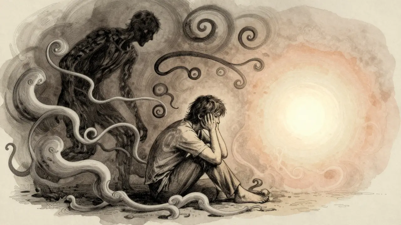 Konceptuální zobrazení začarovaného kruhu úzkosti a cesty k léčbě.