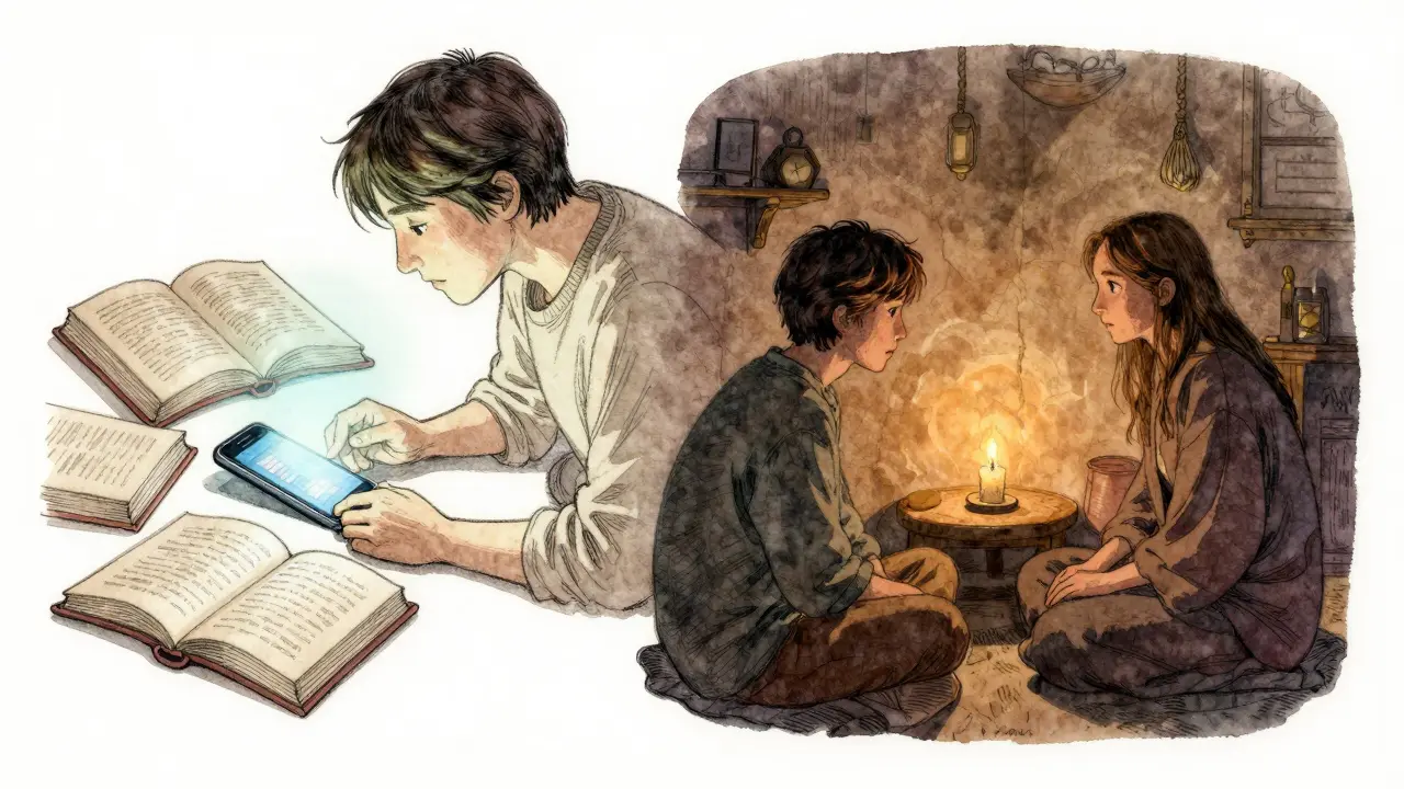 Kontrast mezi studeným světlem digitálních nástrojů a vřelým prostorem terapeutického setkání.