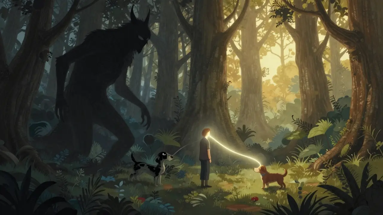 Kreativní změna děsivého snového scénáře na pokojný v lesní krajině.