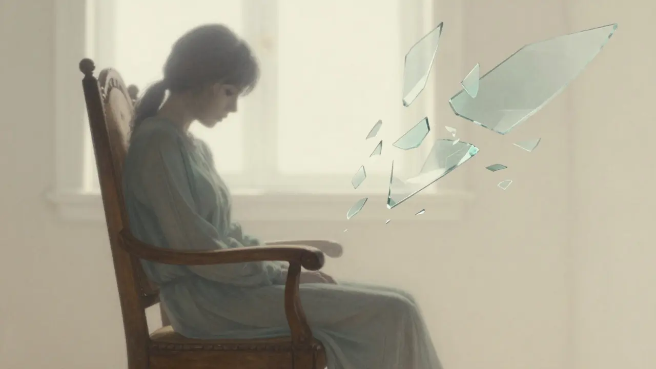 Křehná osoba v křesle obklopená průsvitnými střepy symbolizujícími trauma.