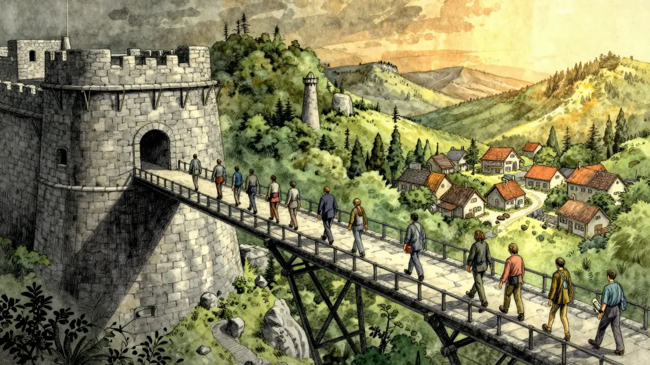 Kresba mostu vedoucího z nemocnice do idylického údolí života.