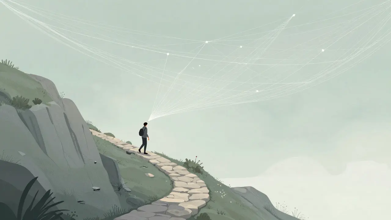 Kresba osoby na horské cestě s jemnoua neviditelnou bezpečnostní sítí nad hlavou.