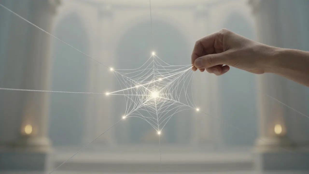 Kresba osoby rozplétající složitou síť stříbrných nití, představující změnu vžitých vzorců chování.
