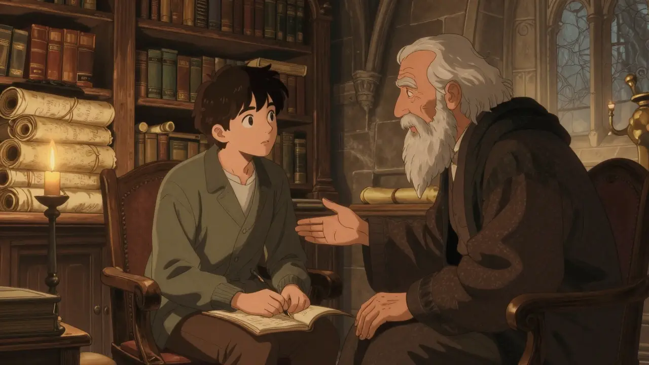 Mladý terapeut v knihovně konzultuje svou práci se zkušeným mentorem.