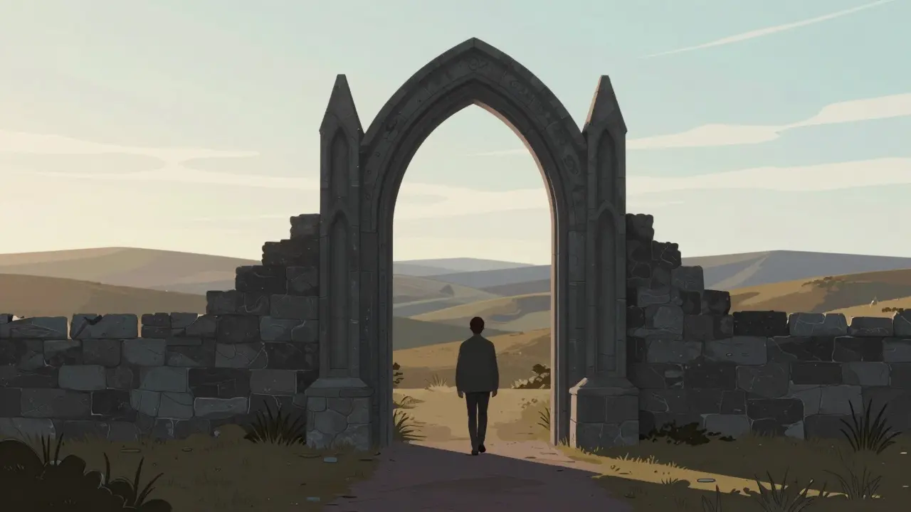 Osoba odcházící z kamenného oblouku do otevřené krajiny za úsvitu.
