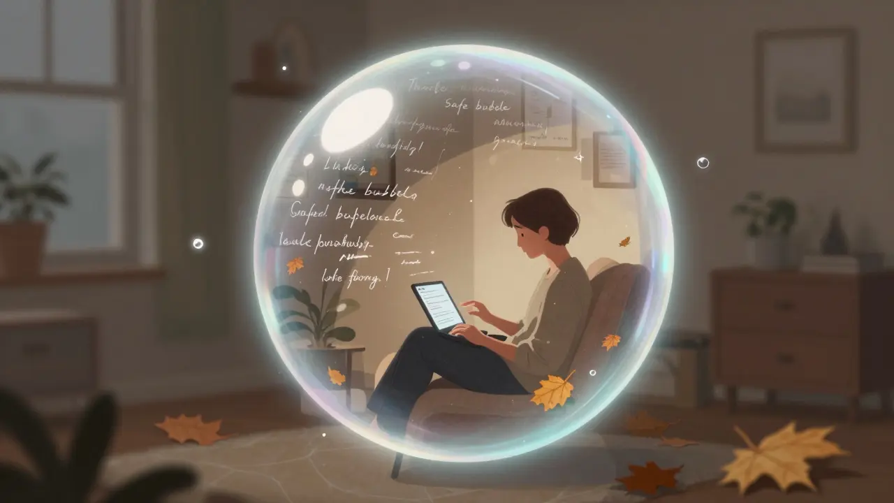 Osoba v ochranné bublině světla komunikující s terapeutem prostřednictvím chatu.