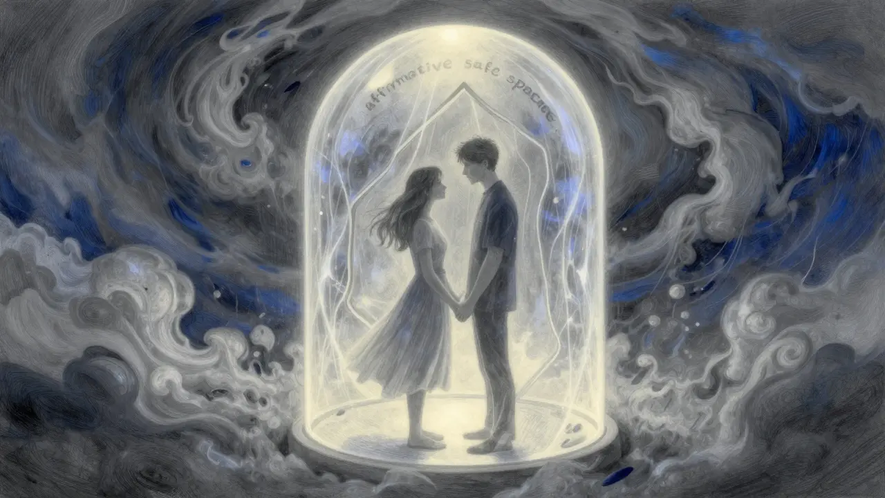 Pár chráněný světelnou kopulí před bouřím stresu a diskriminace.