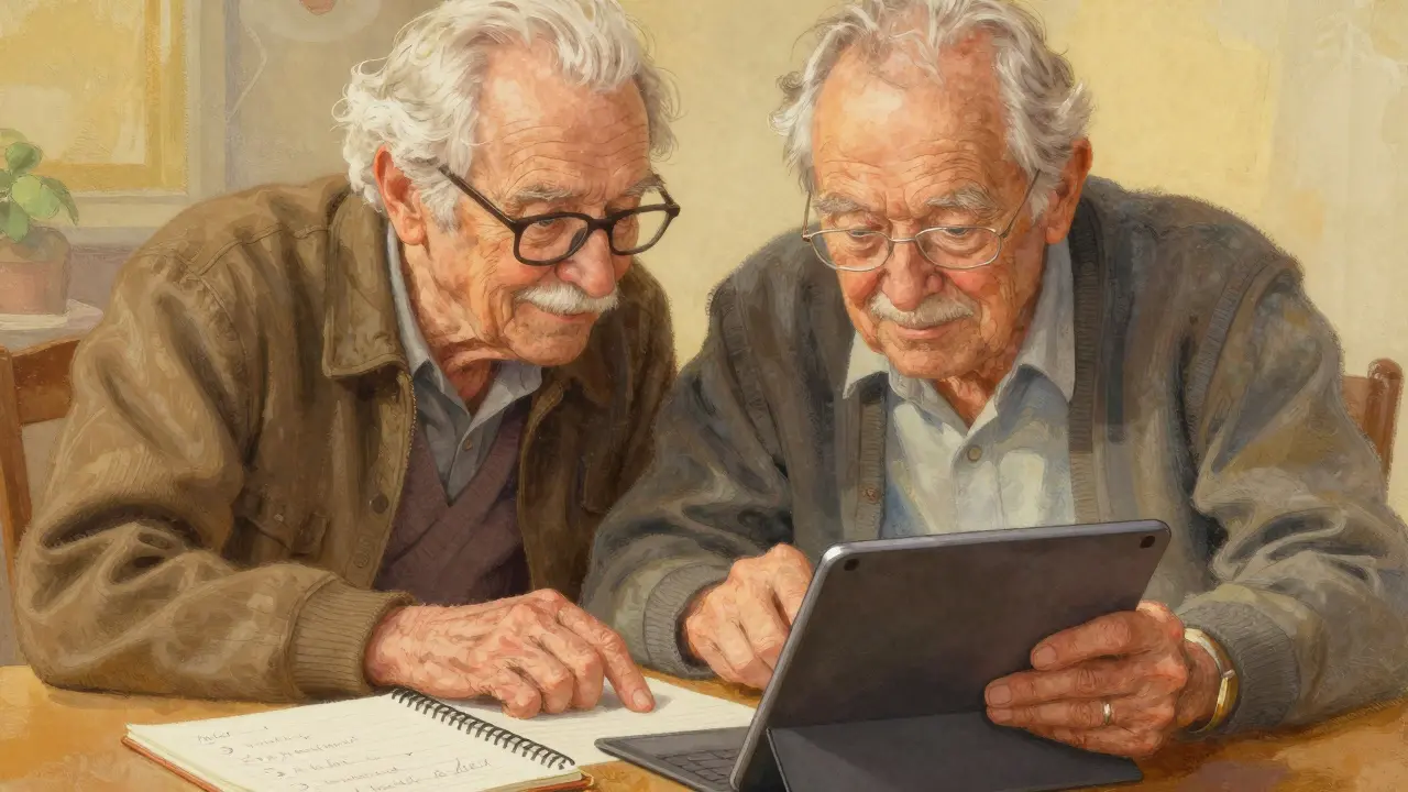 Pomoc vrstevníka při nastavování technologií pro online terapii seniorů.