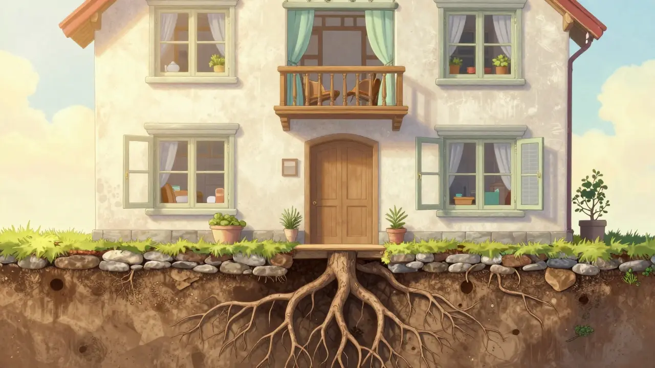 Průřez domem s pevnými kamennými základy a světlým, moderně vybaveným interiérem.