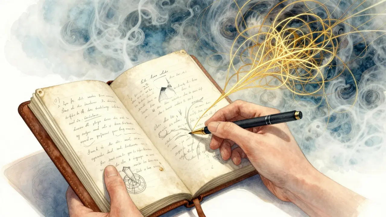 Ruka drží zápisník s poznámkami před magickým pozadím rozplétaných myšlenek.