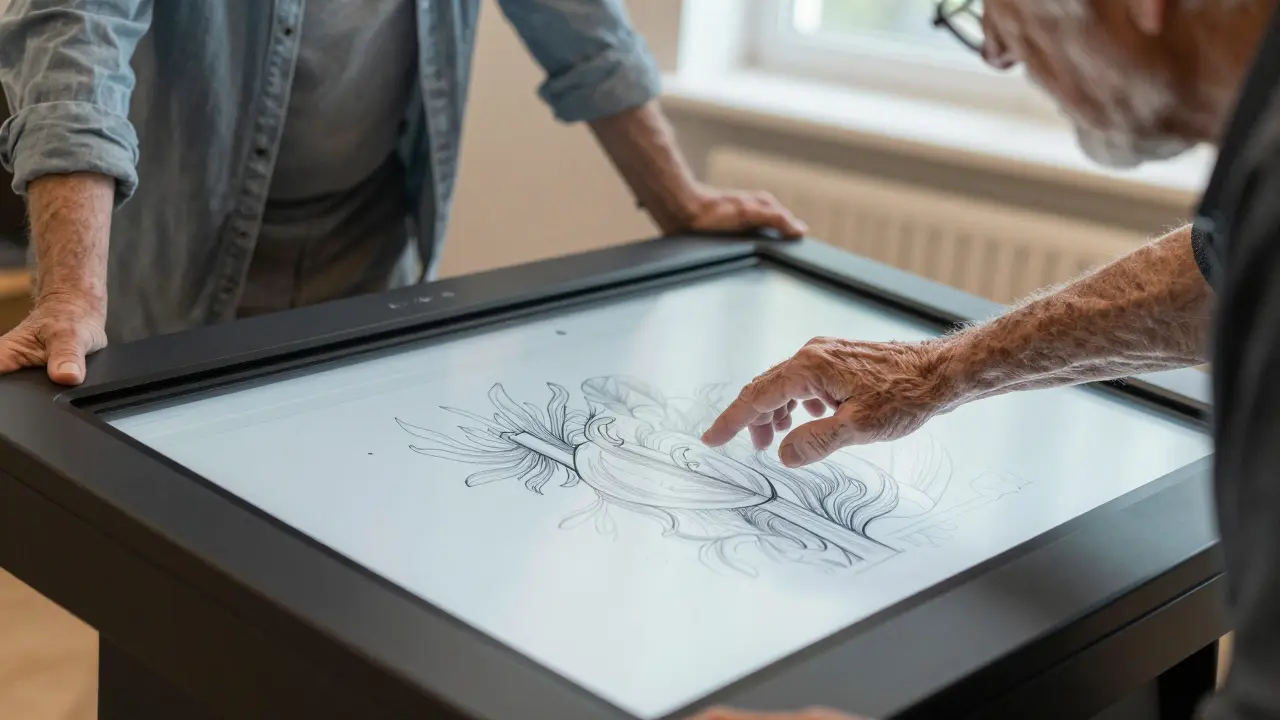 Senior ovládající interaktivní dotykový stůl senTable pro kognitivní trénink.