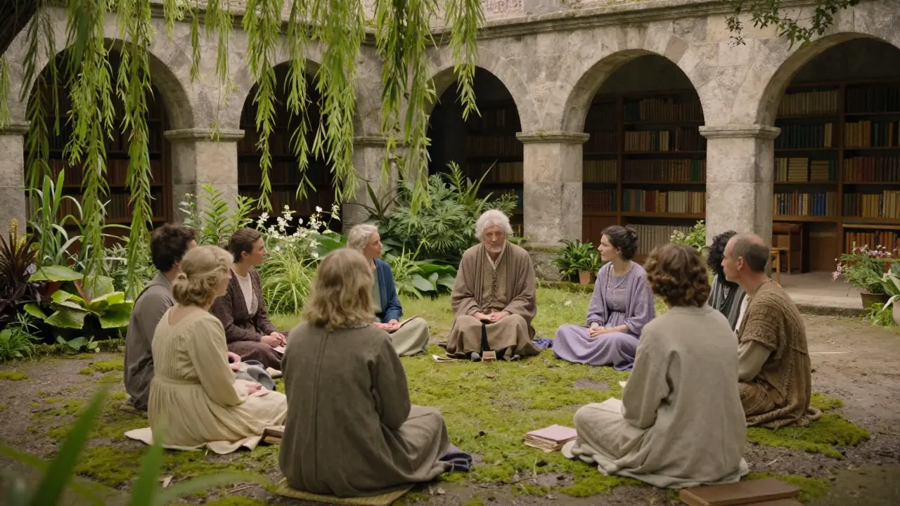 Skupina lidí v klidné zahradě u knihovny při společném vzdělávání.