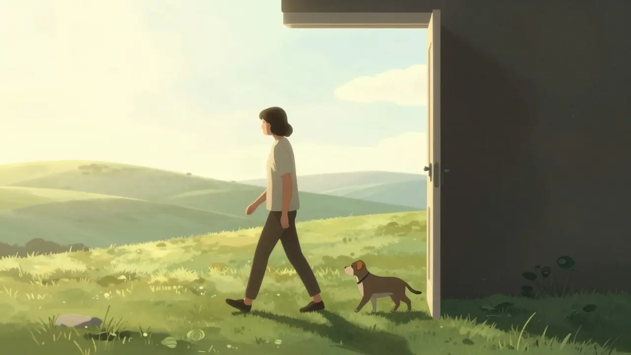 Symbolické zobrazení osvobození od paniky a návratu k vnitřnímu klidu.