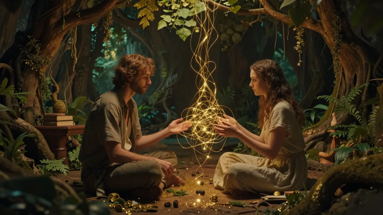 Terapeut a klient společně rozplétají zlaté nitě v klidném, přírodním prostředí.