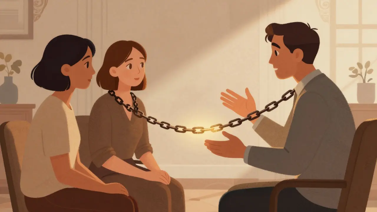 Terapeut pomáhá páru změnit negativní stereotypy v konstruktivní vztah.