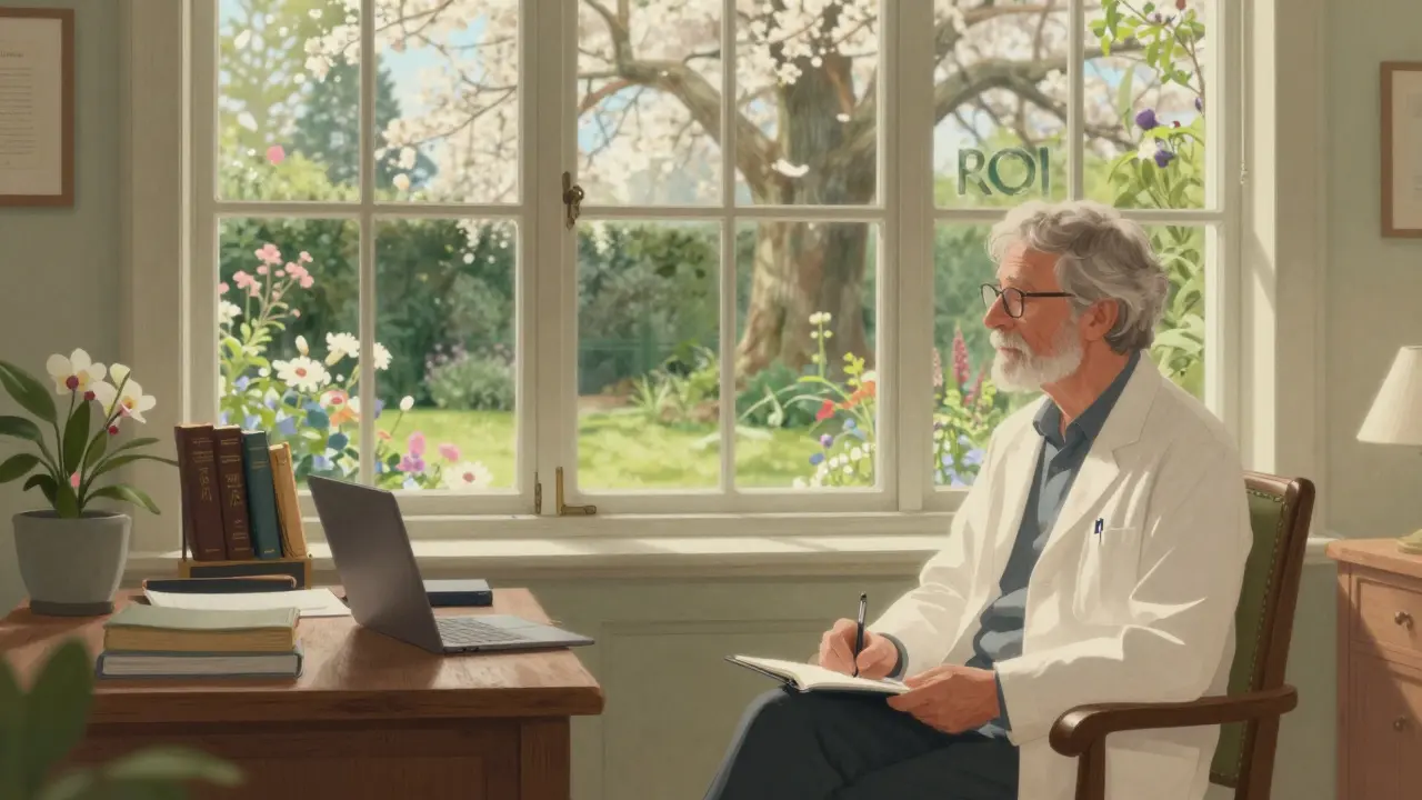 Zkušený terapeut v klidné pracovně symbolizující profesní stabilitu a úspěch.