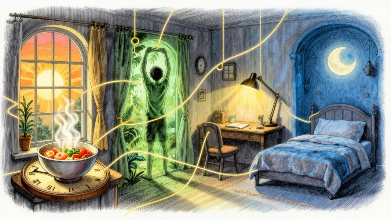 Fantastická ilustrace pěti pilířů denního režimu pro ADHD s magickým světlem