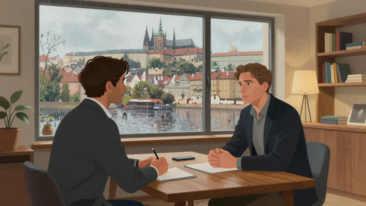 Ilustrace: Terapeut a klient v diskusi s výhledem na deštivou Prahu z okna ordinace.