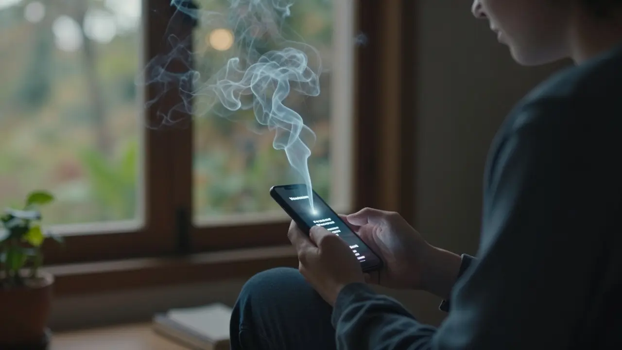 Člověk s chytrým telefonem, ze kterého vycházejí emocionální výpary spojující technologii a přírodu