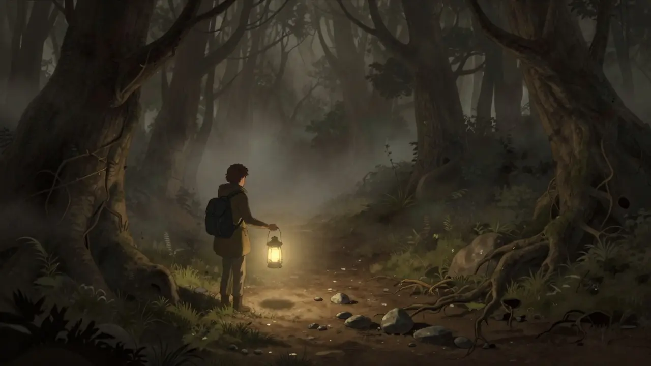 Fantasy ilustrace: cestovatel s lampou prosvětluje mlhu v lese, symbolizuje sebepoznání