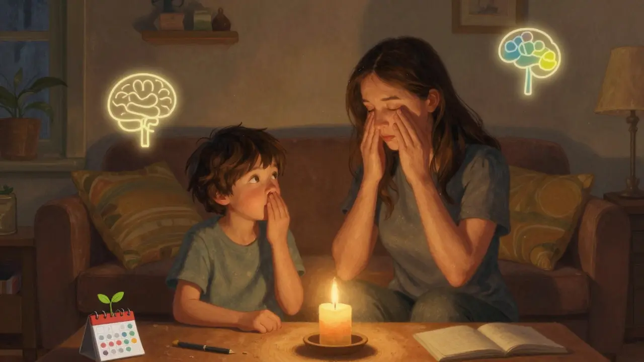Rodič a dítě cvičí dýchání doma, obklopeni symboly pokroku
