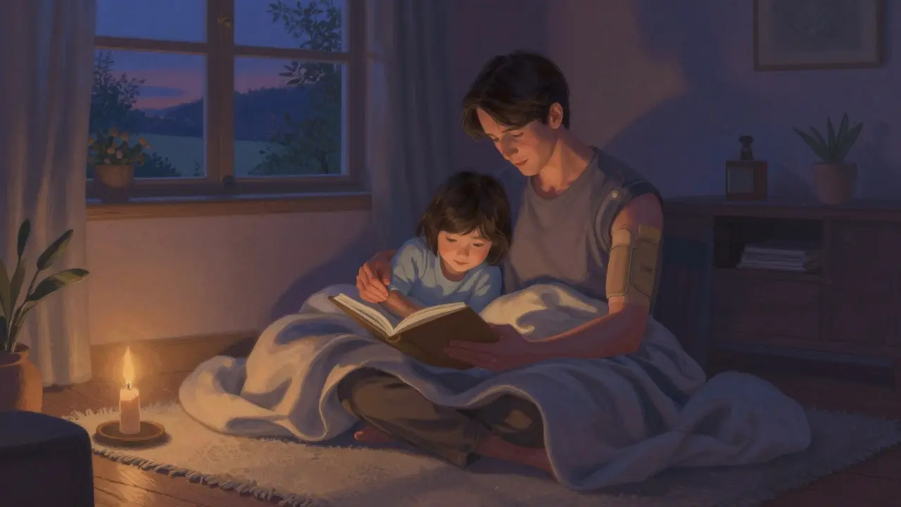 Rodič a dítě sdílející uklidňující moment s těžkou dekou doma