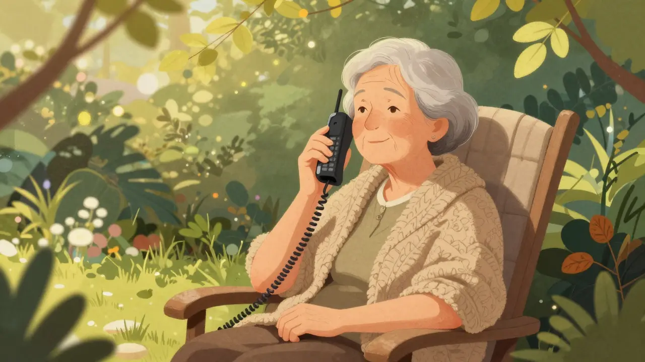 Starší žena v zahradě hovořící do telefonu, klidná a přirozená scéna