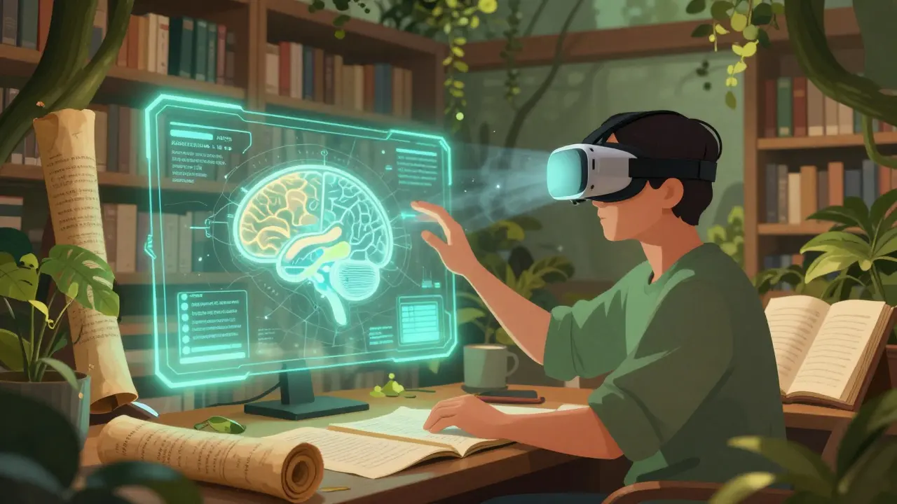 Postava používající virtuální realitu v knihovně, která spojuje tradici s moderní technologií pro léčbu.