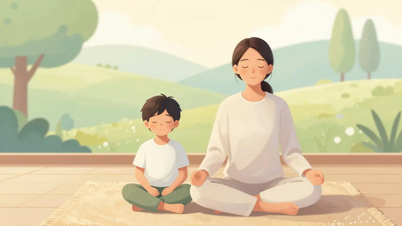 Rodič a dítě praktikují mindfulness v klidné atmosféře