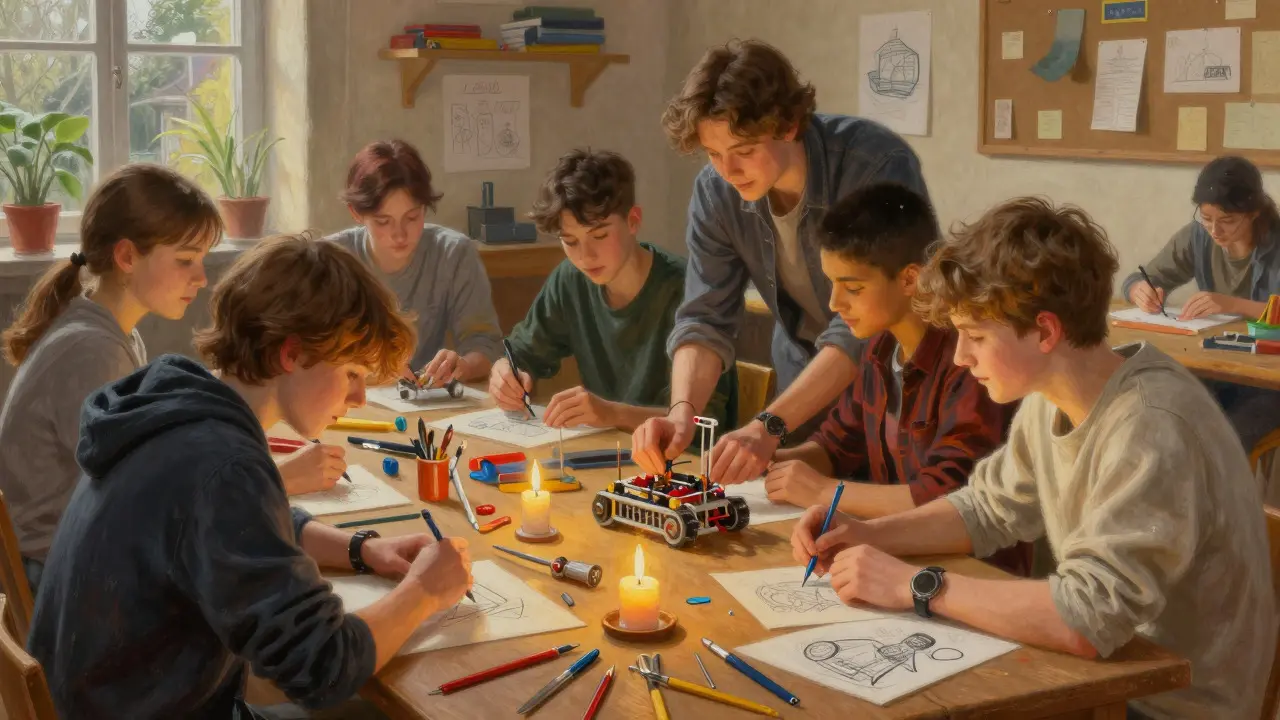 Skupina adolescentů spolupracuje na kreativním projektu pod vedením mentora.
