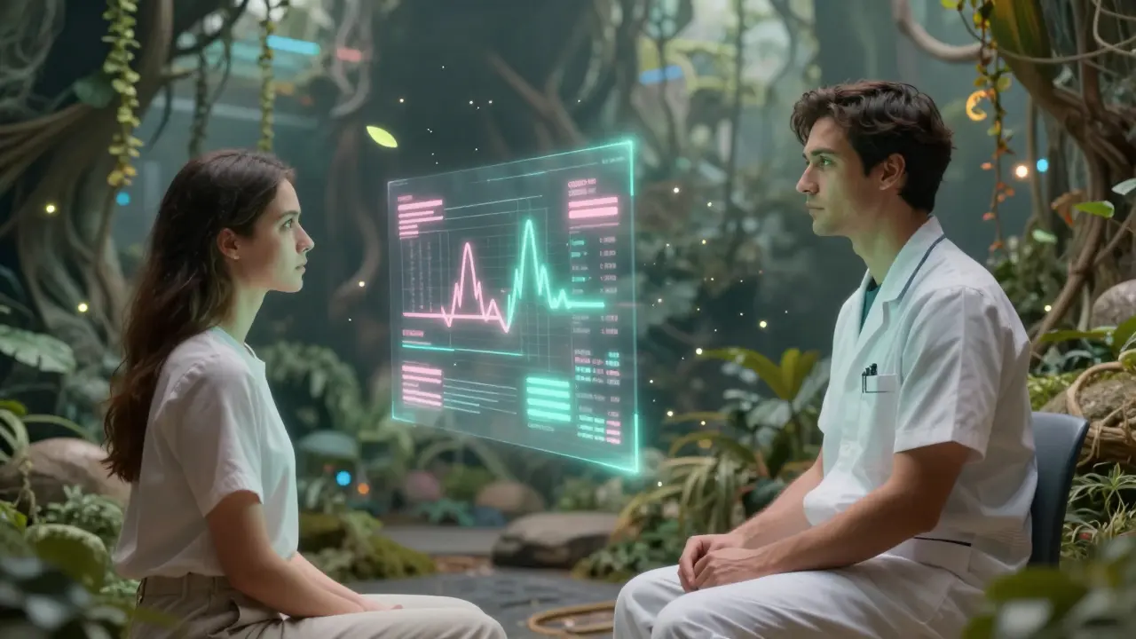 Terapeut sleduje holografické biofeedback údaje při VR terapii