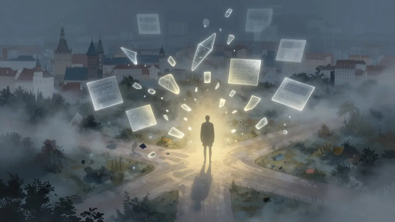 Abstraktní ilustrace diagnostického procesu s plujícími fragmenty pamětí a emocí