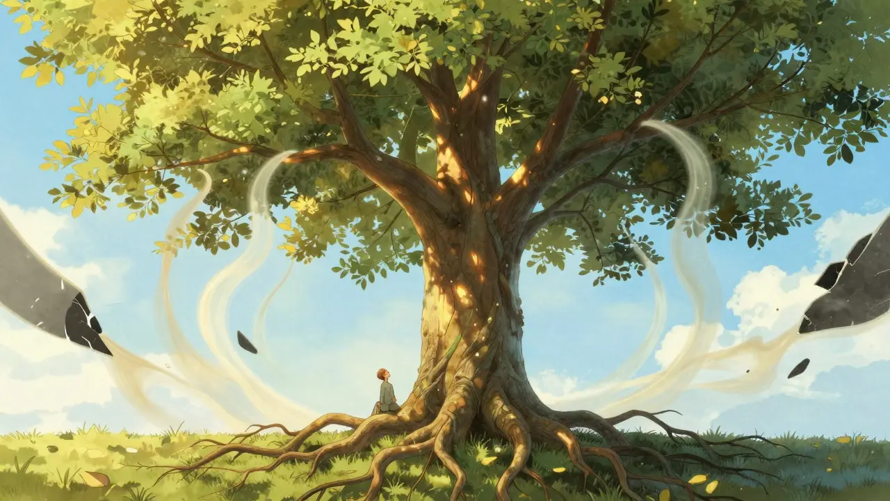 Artistic depiction of a tree growing from dissolving shadows symbolizing healing