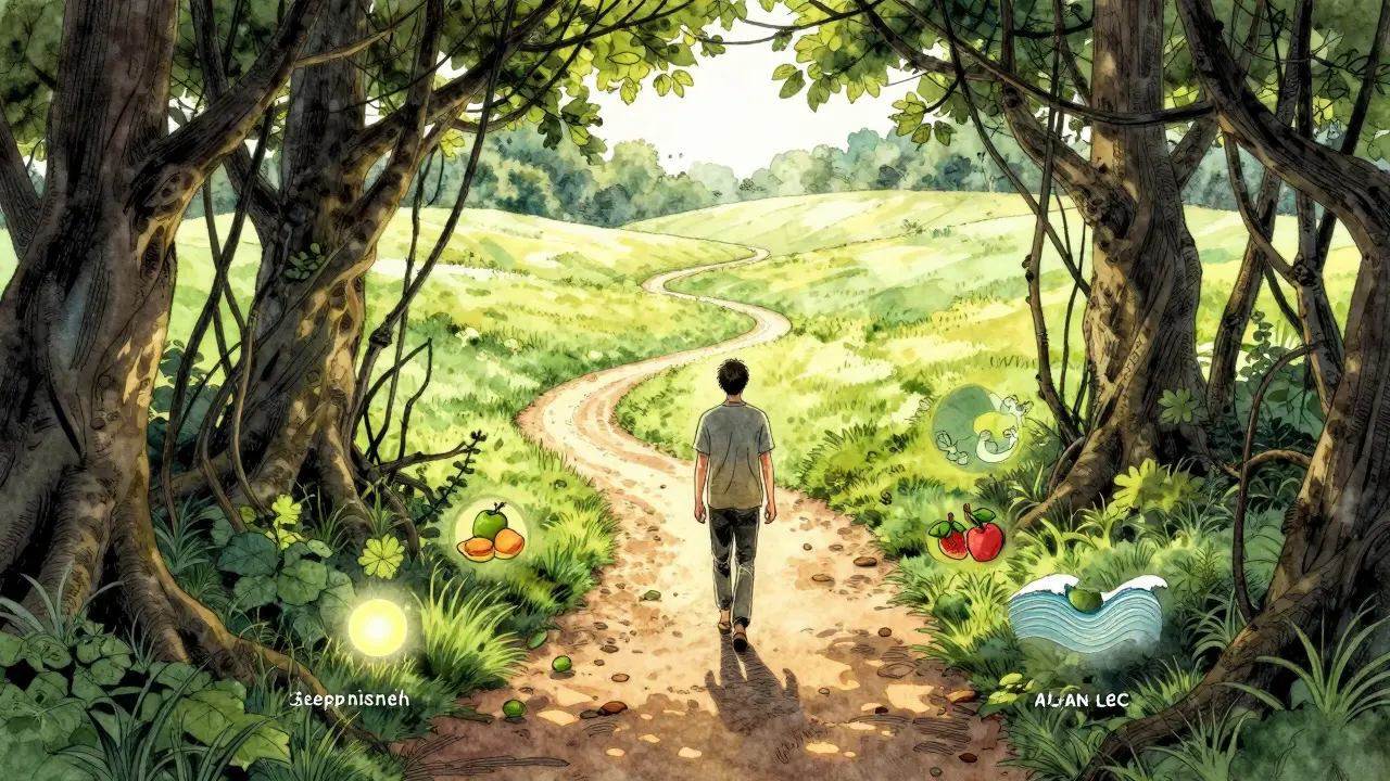 Cesta k duševní rovnováze prostřednictvím zdravého životního stylu, ilustrace