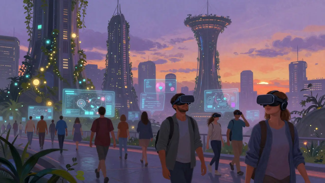 Futuristické město s lidmi používajícími VR technologie