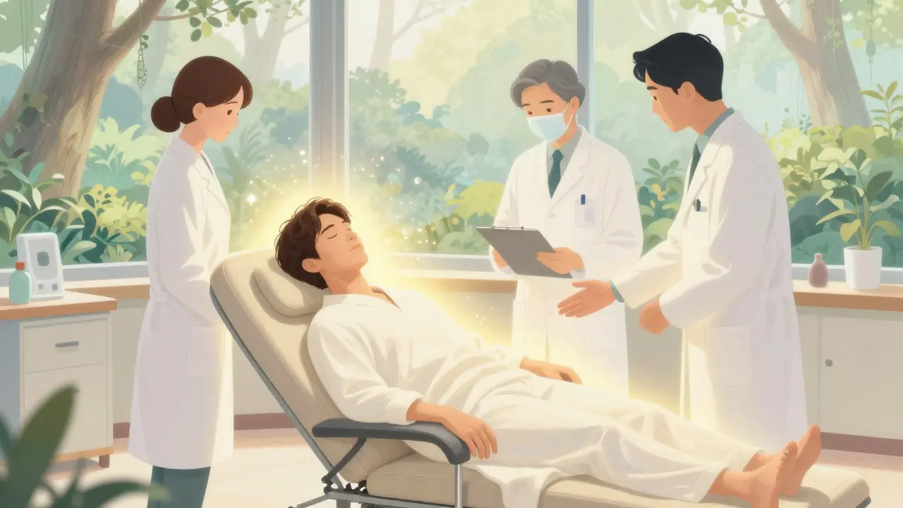 Illustration of a patient receiving therapy in a calm, light-filled room