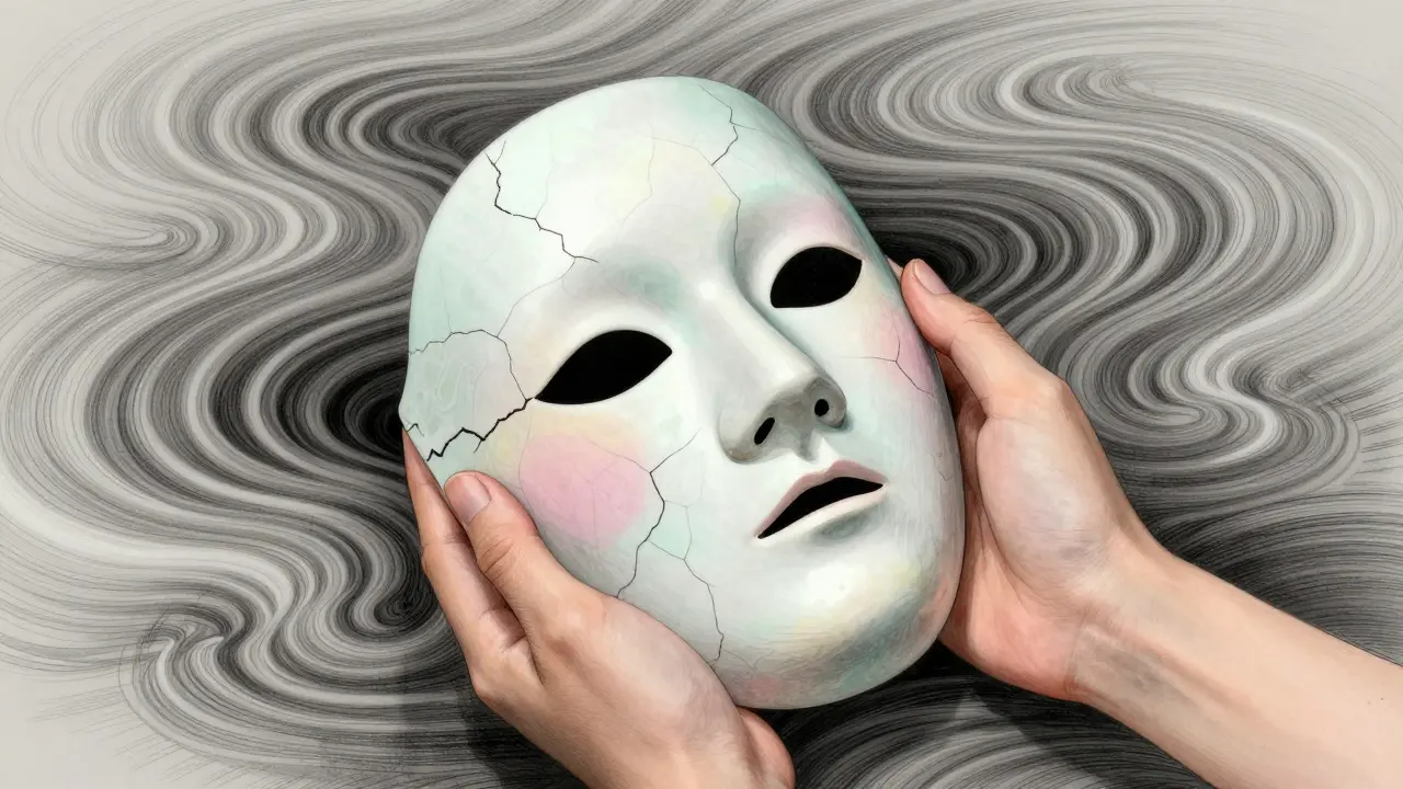 Ruce drží prasklou masku měnící se v kůži, uzdravování