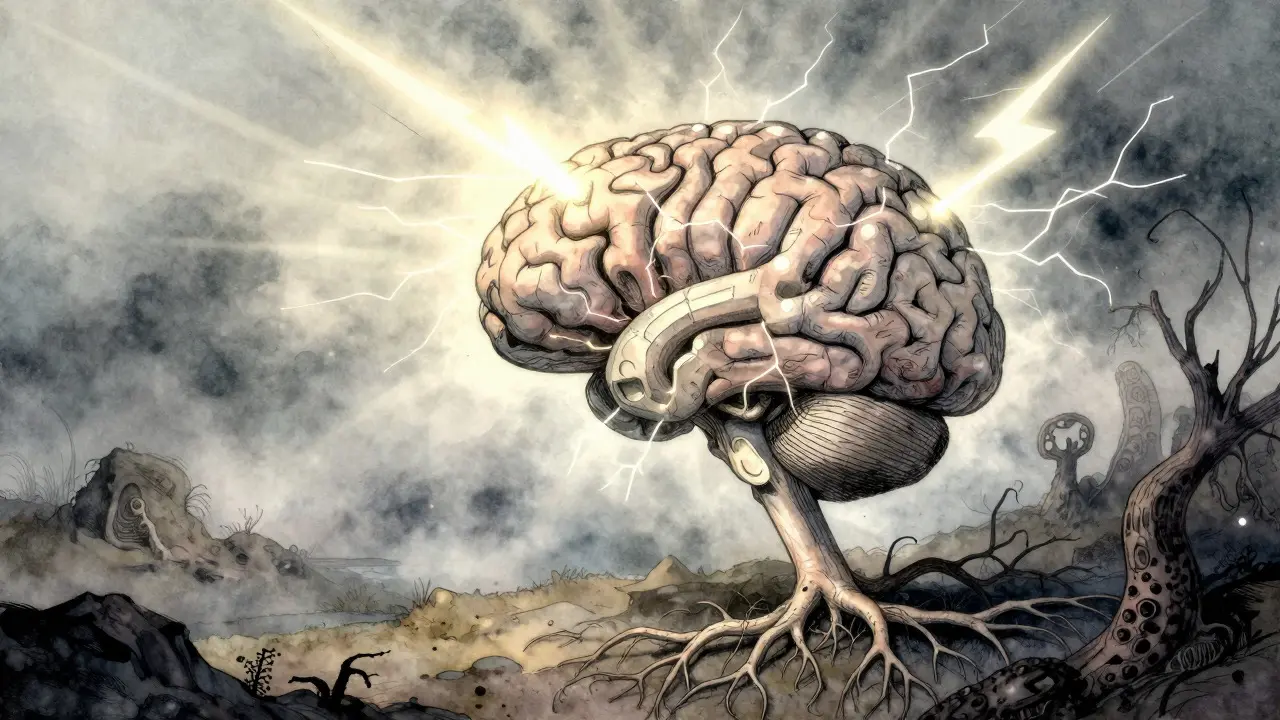 Zářící mozek s blesky znázorňující riziko epilepsie