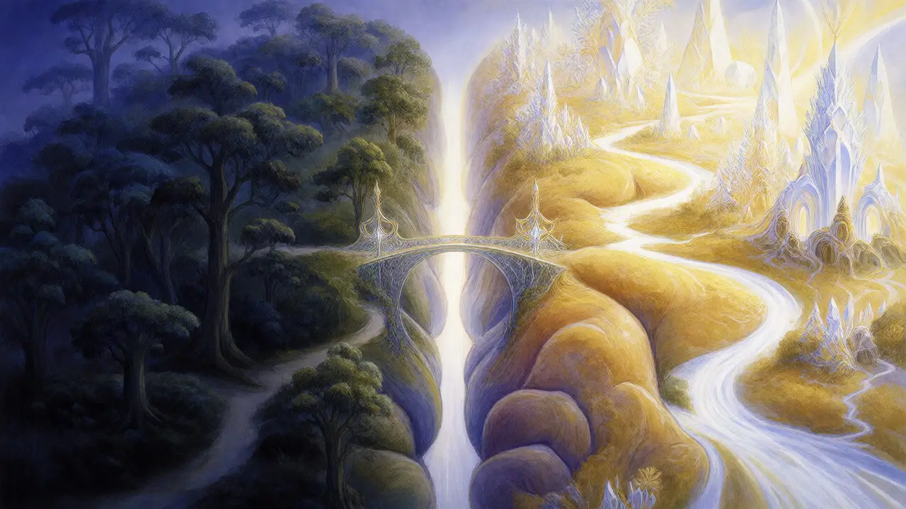 Fantasy ilustrace lidského mozku jako krajiny s lesy a světelnými strukturami