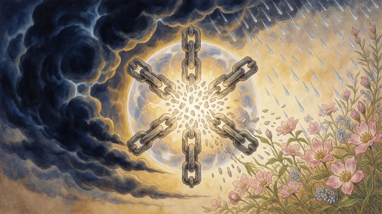Fantasy ilustrace transformace bouřkových mraků na květiny pomocí světelné koule.
