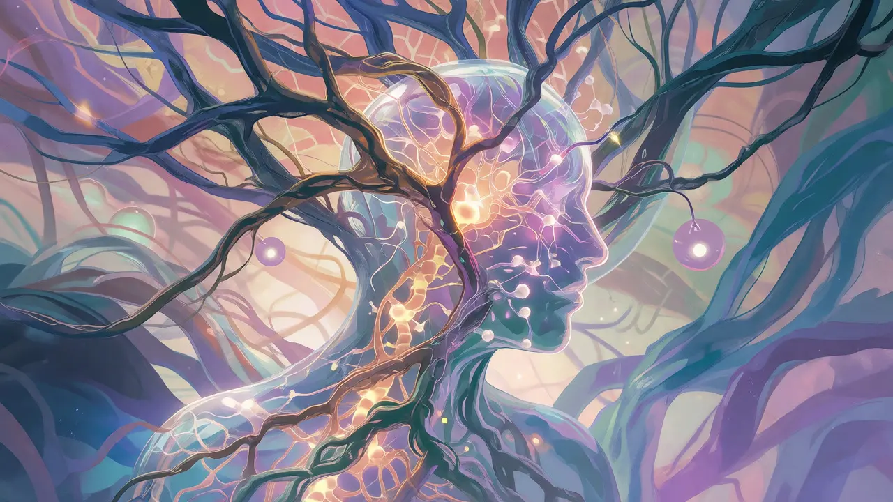 Glowing neural network inside a human silhouette, fantasy art style