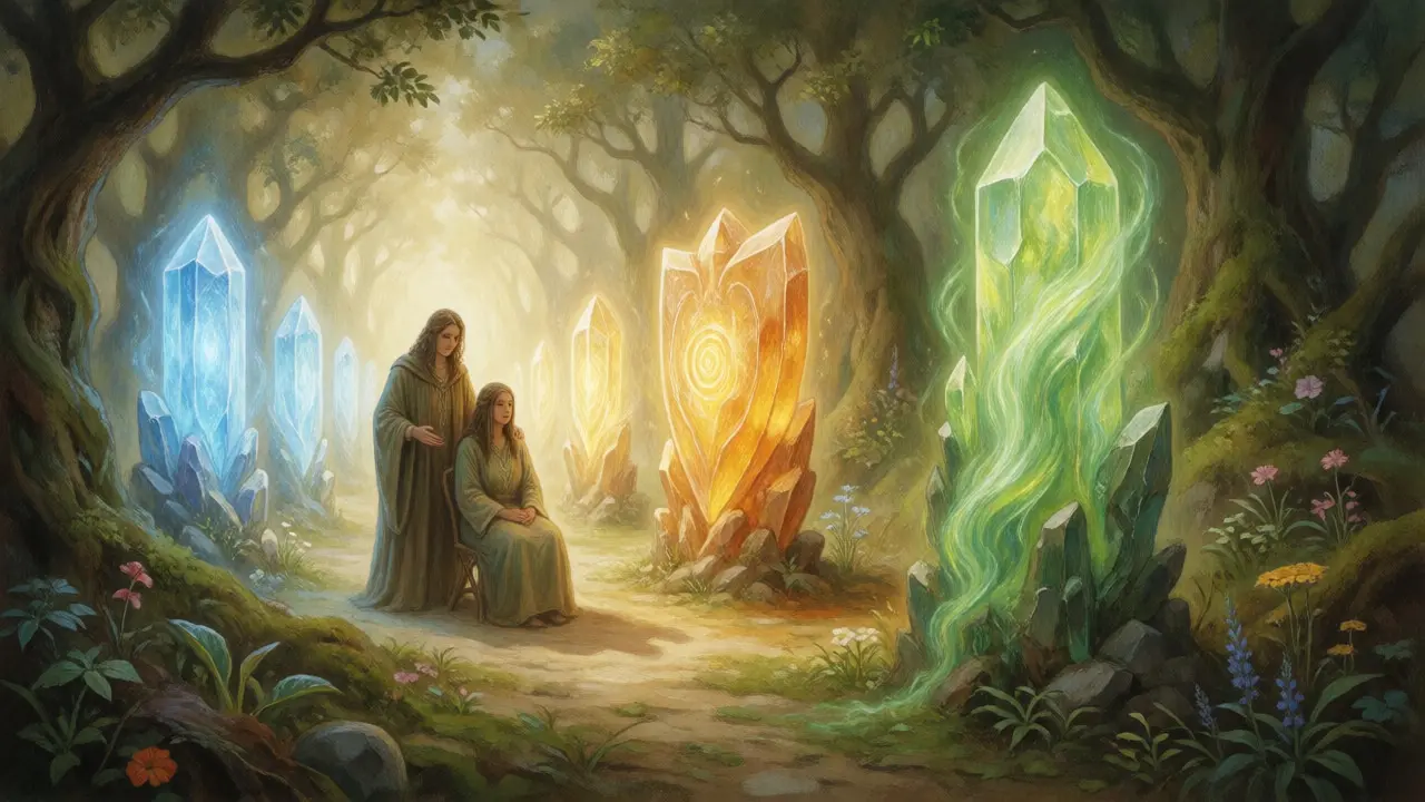 Ilustrace terapeuta vedoucího klienta k zářícím krystalům symbolizujícím terapeutické dovednosti