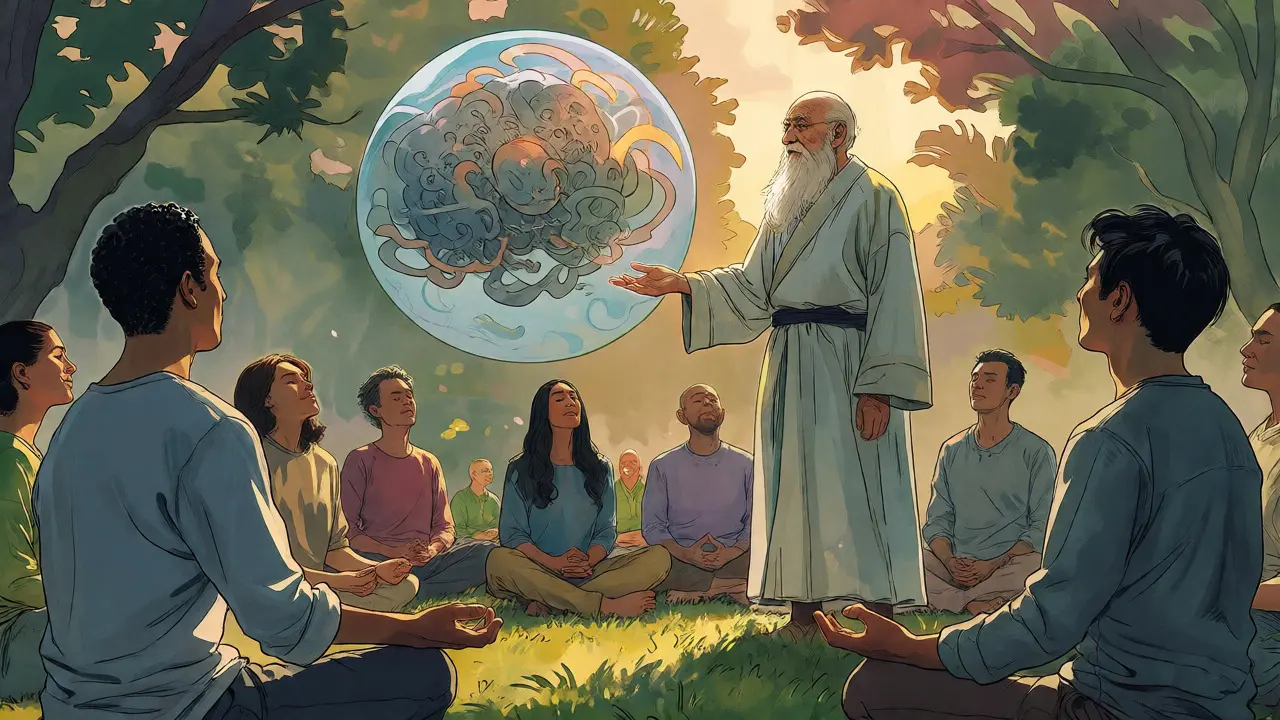 Moudrý učitel vede skupinu lidí v meditaci v zahradě, přechod od chaosu k klidu