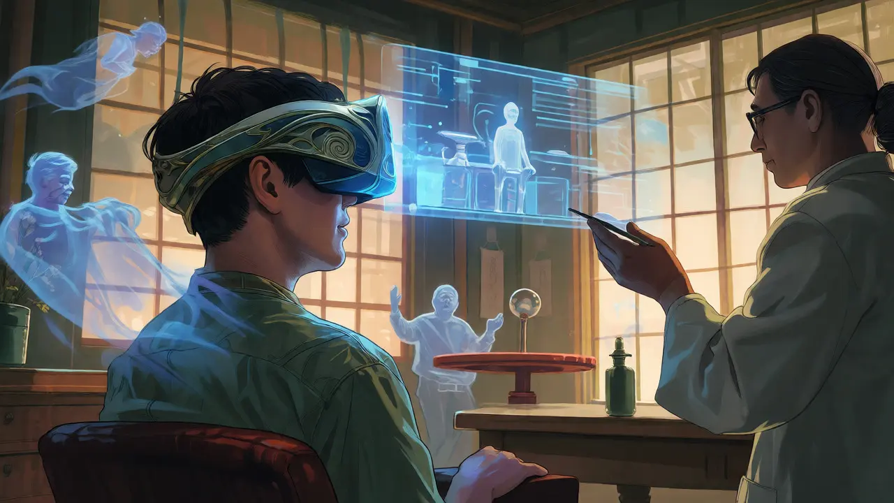 Pacient s virtuální realitou simulující sociální situace pod dohledem terapeuta, propojení technologií a léčby.