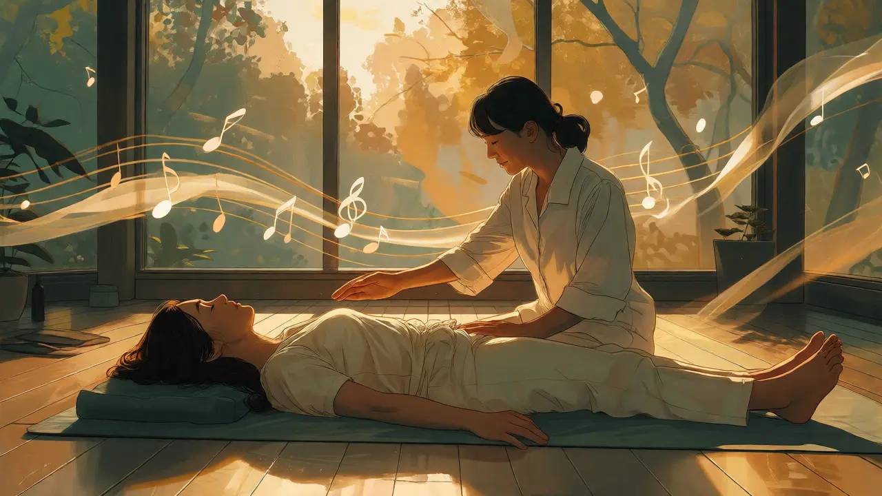 Žena leží na matraci při holotropním dýchání za přítomnosti terapeuta ve slunné místnosti.