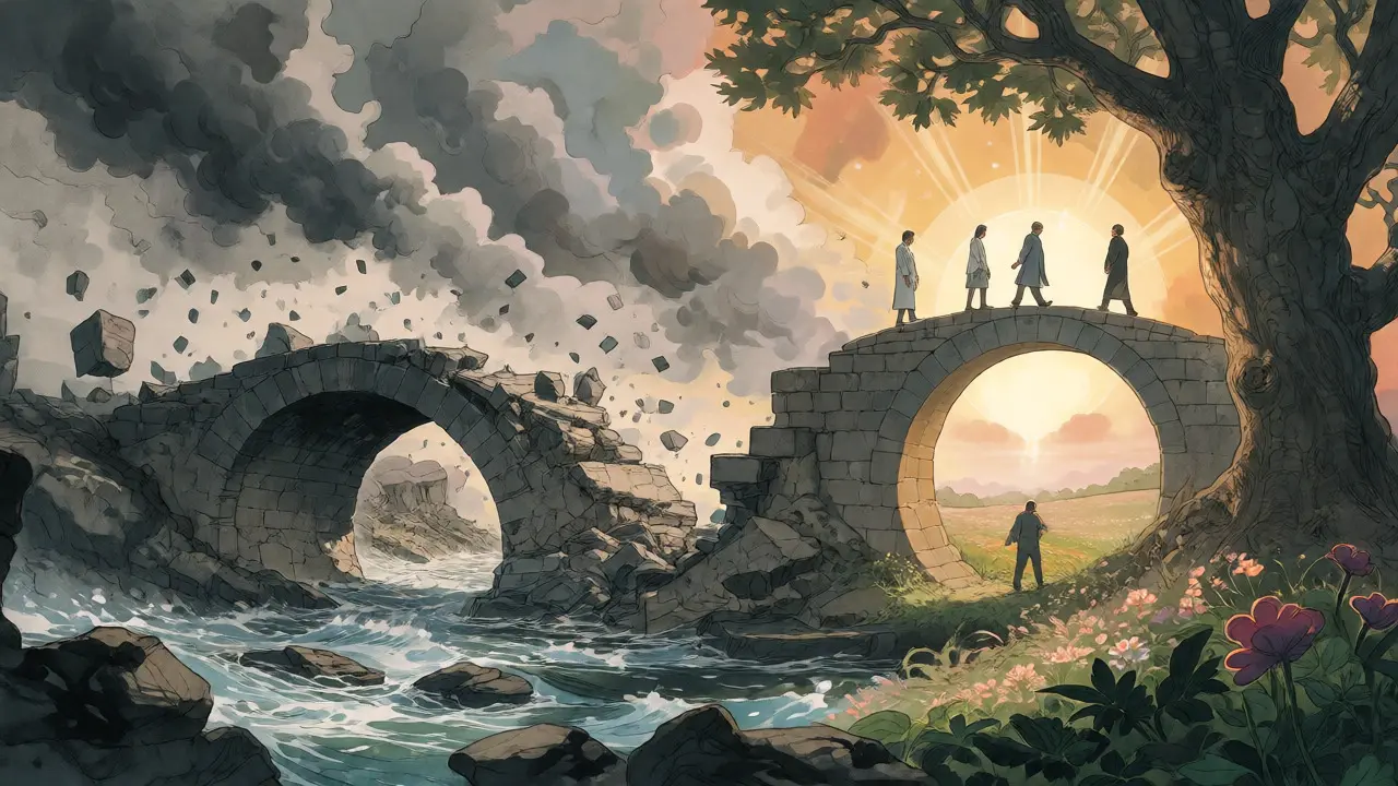 Fantasy ilustrace přechodu od rozpadajícího se mostu k pevné cestě s podporou tří odborníků.