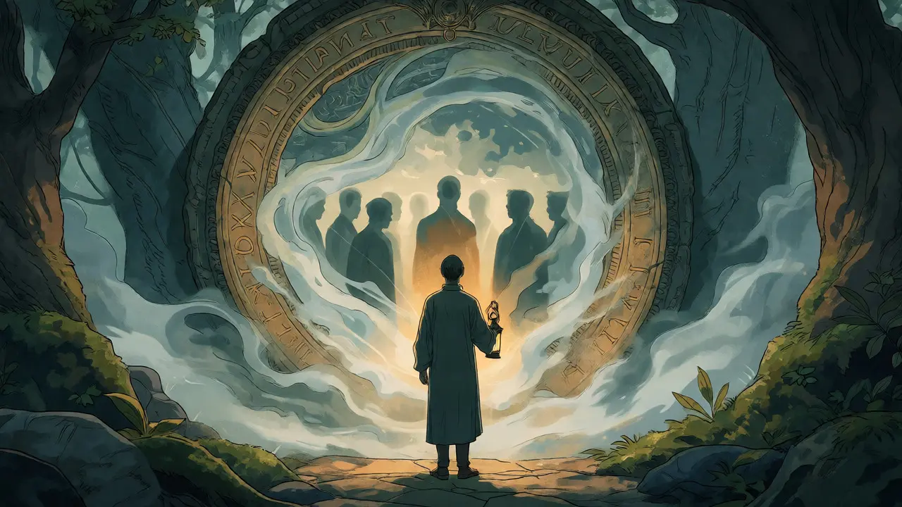 Fantasy ilustrace terapeuta před mlhovinou se stíny, znázorňující důvěrnost a supervizi v terapii.