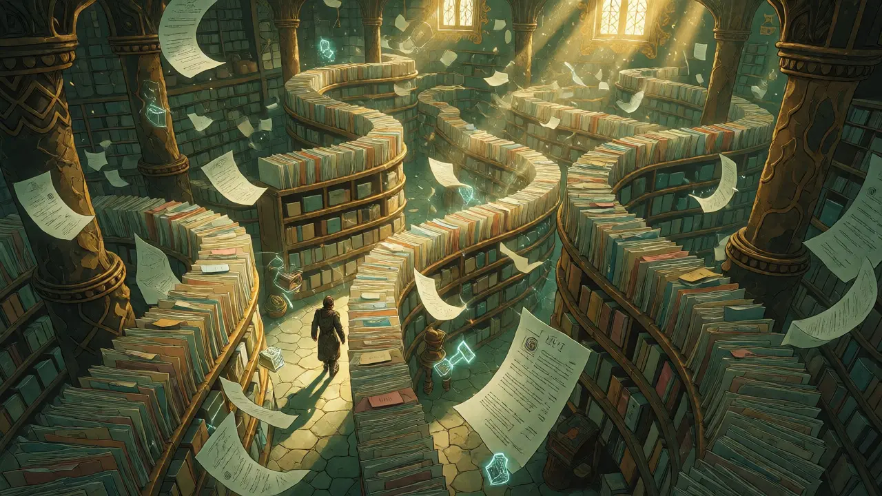 Fantazijní ilustrace administrativní cesty pojišťovnou jako bludiště s plovoucími dokumenty.