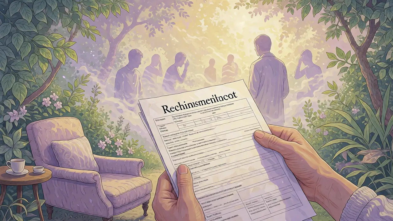 Ilustrace klidu a úlevy po úspěšném získání hrazené terapie, postava v zahradě s formulářem.
