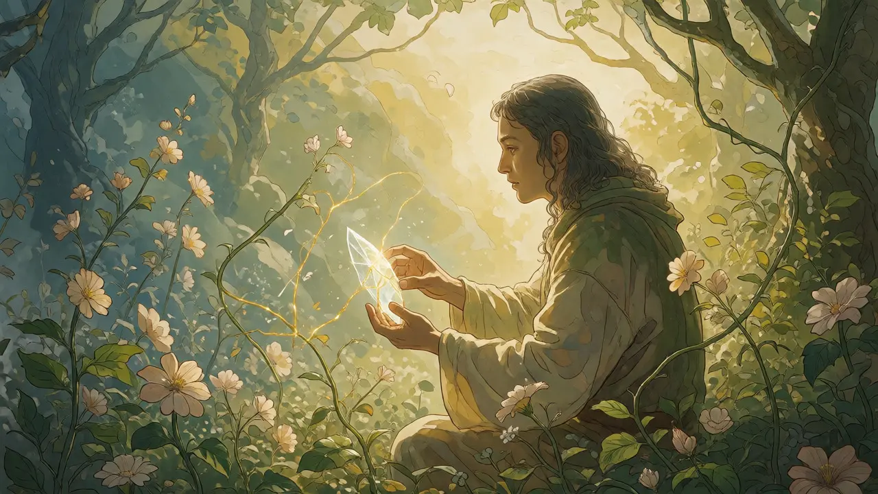Ilustrace v Alan Lee stylu: osoba v zahradě opravující rozbitý krystal zlatými nitkami jako symbol uzdravení.